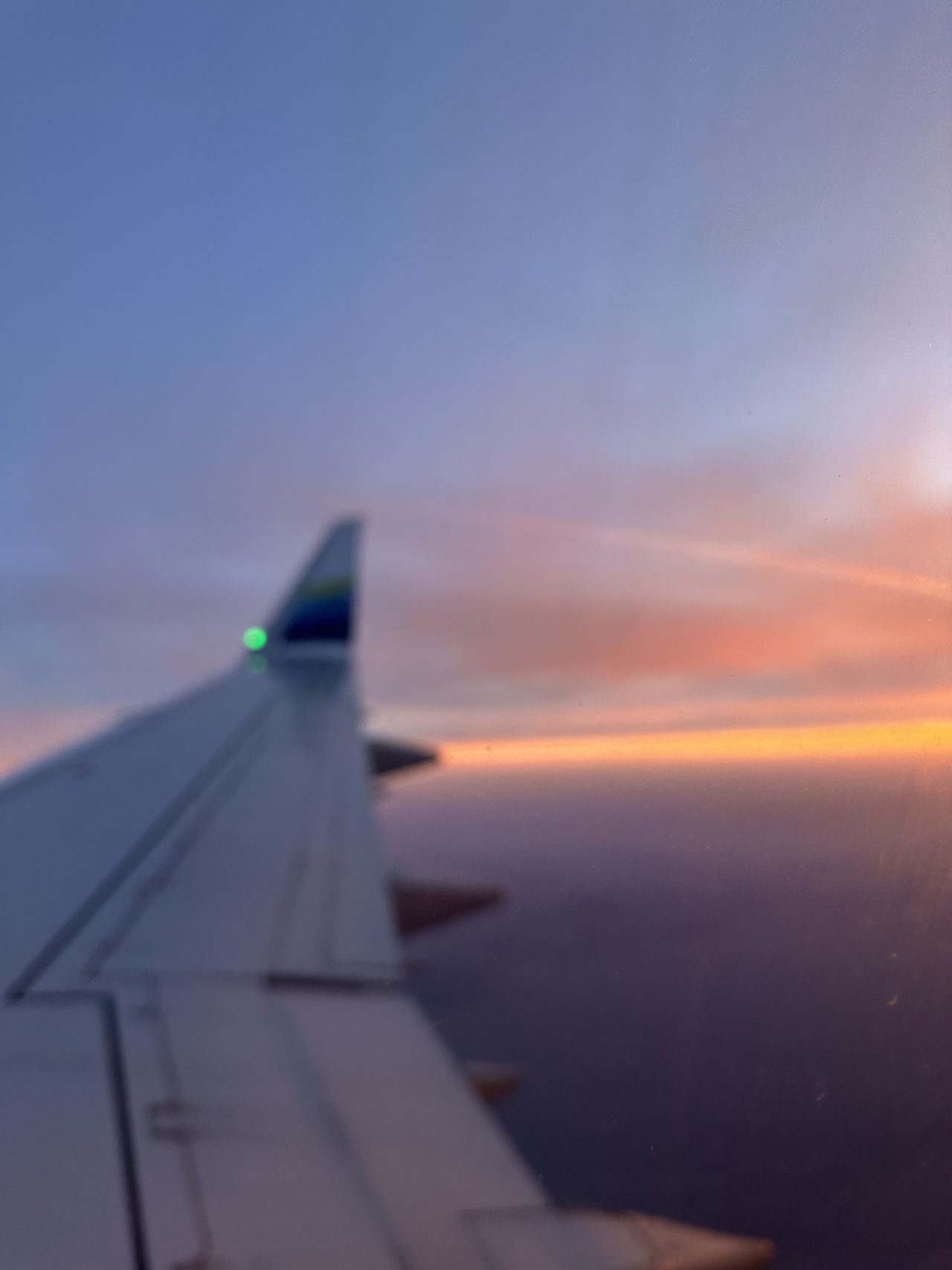 Somewhere over the middle of the country. The window was filthy.
